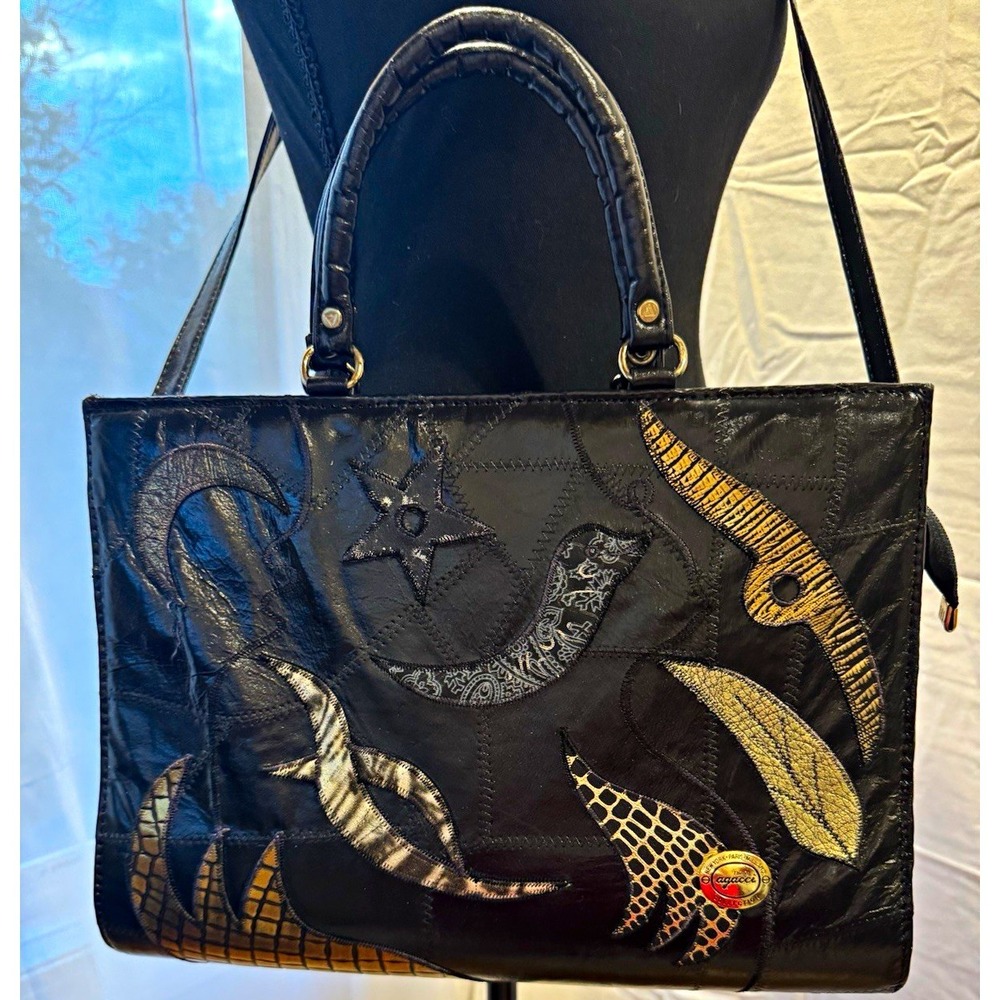 Vintage Bagacci Black Leather Satchel Top Handle Bag Applique Patchwork Medium